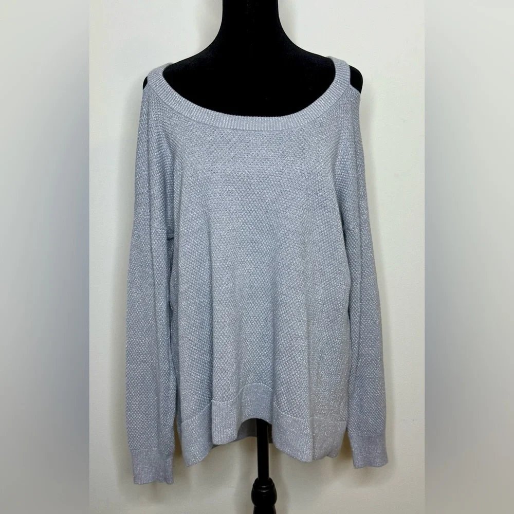 Michael Kors gray silver sparkle peek a boo shoulder split hem sweater XL EUC